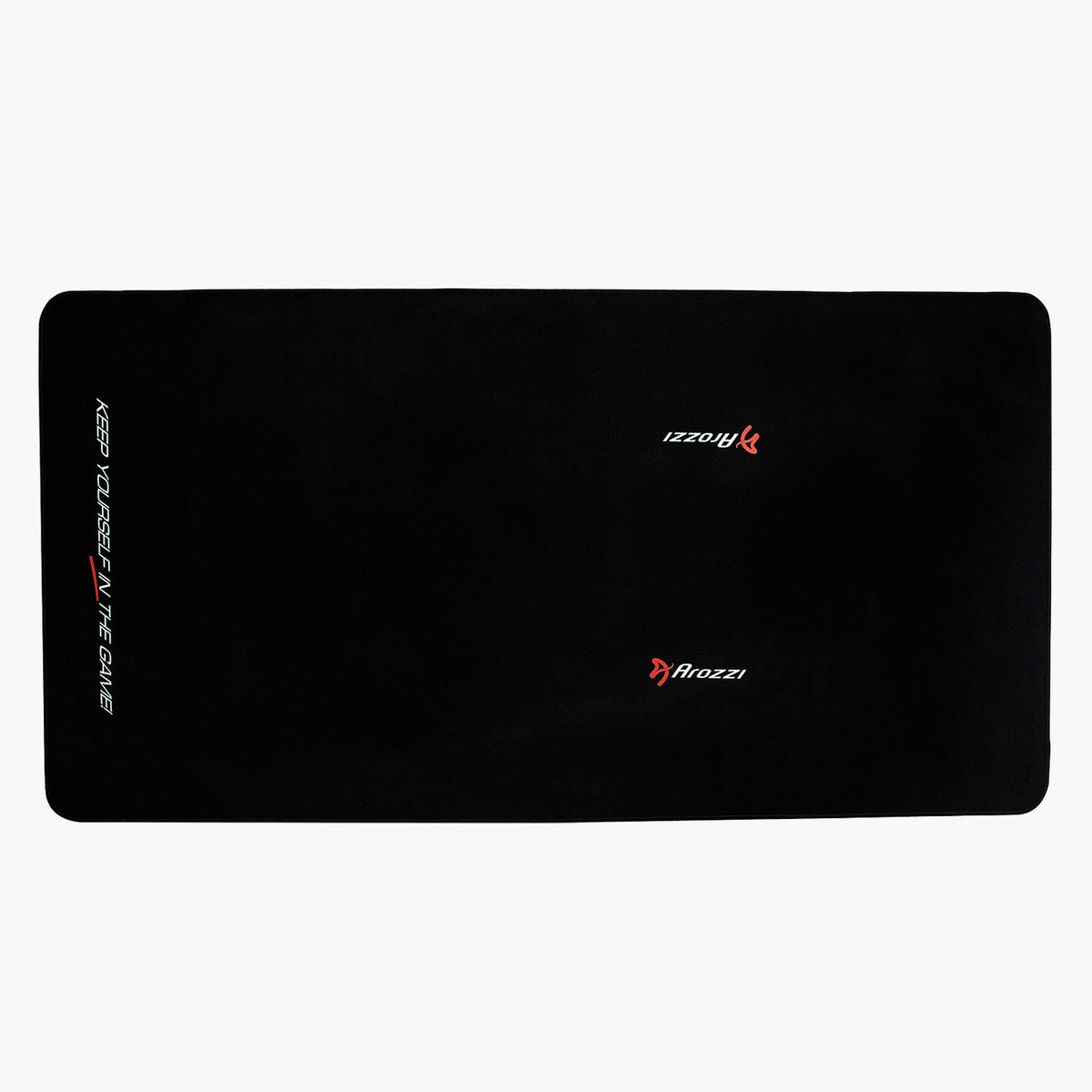 Large black Velocità Floormat by Arozzi Europe with anti-slip base and red, white Arozzi logos.