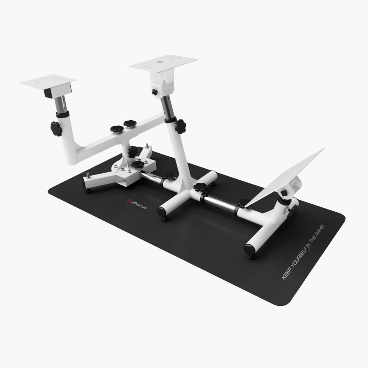 White pedal & wheel mount on Arozzi Europe Velocità Floormat with anti-slip material.