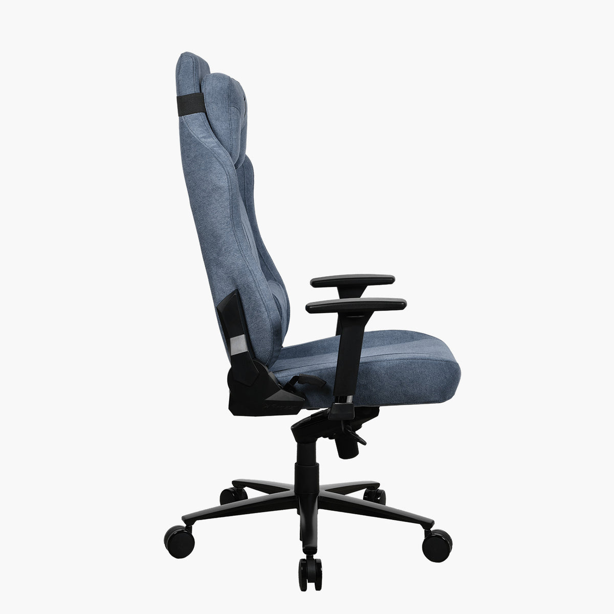 Side view of Arozzi Europe Vernazza Soft Fabric chair, blue, with adjustable arms and wheeled base.