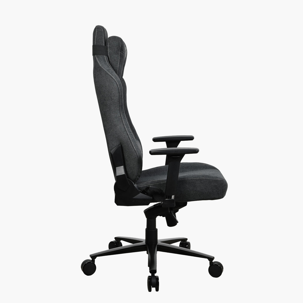 Side view of Arozzi Europe Vernazza Soft Fabric chair with adjustable height and armrests.