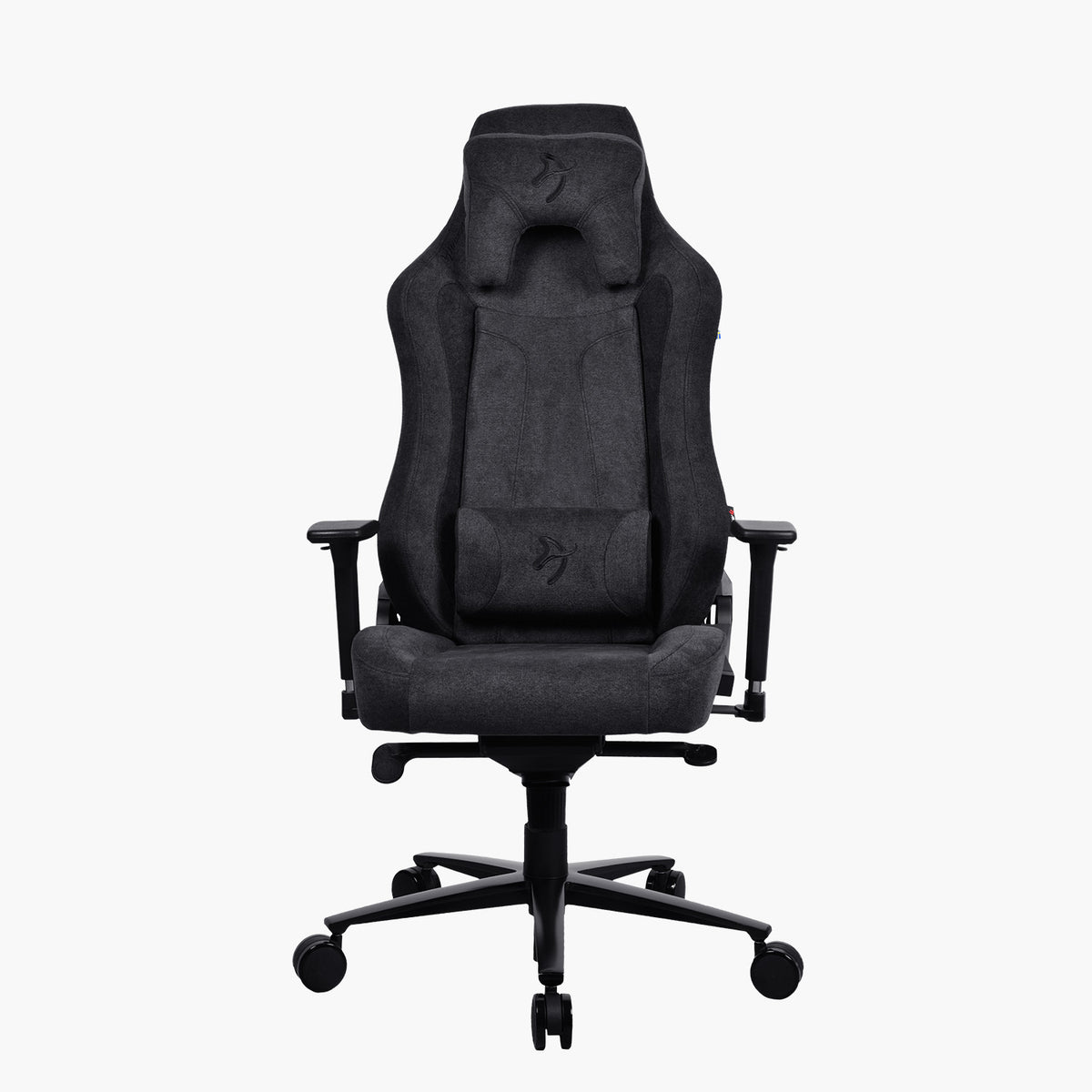 Arozzi Vernazza Soft Fabric: black ergonomic chair with armrests, headrest, and height adjust.