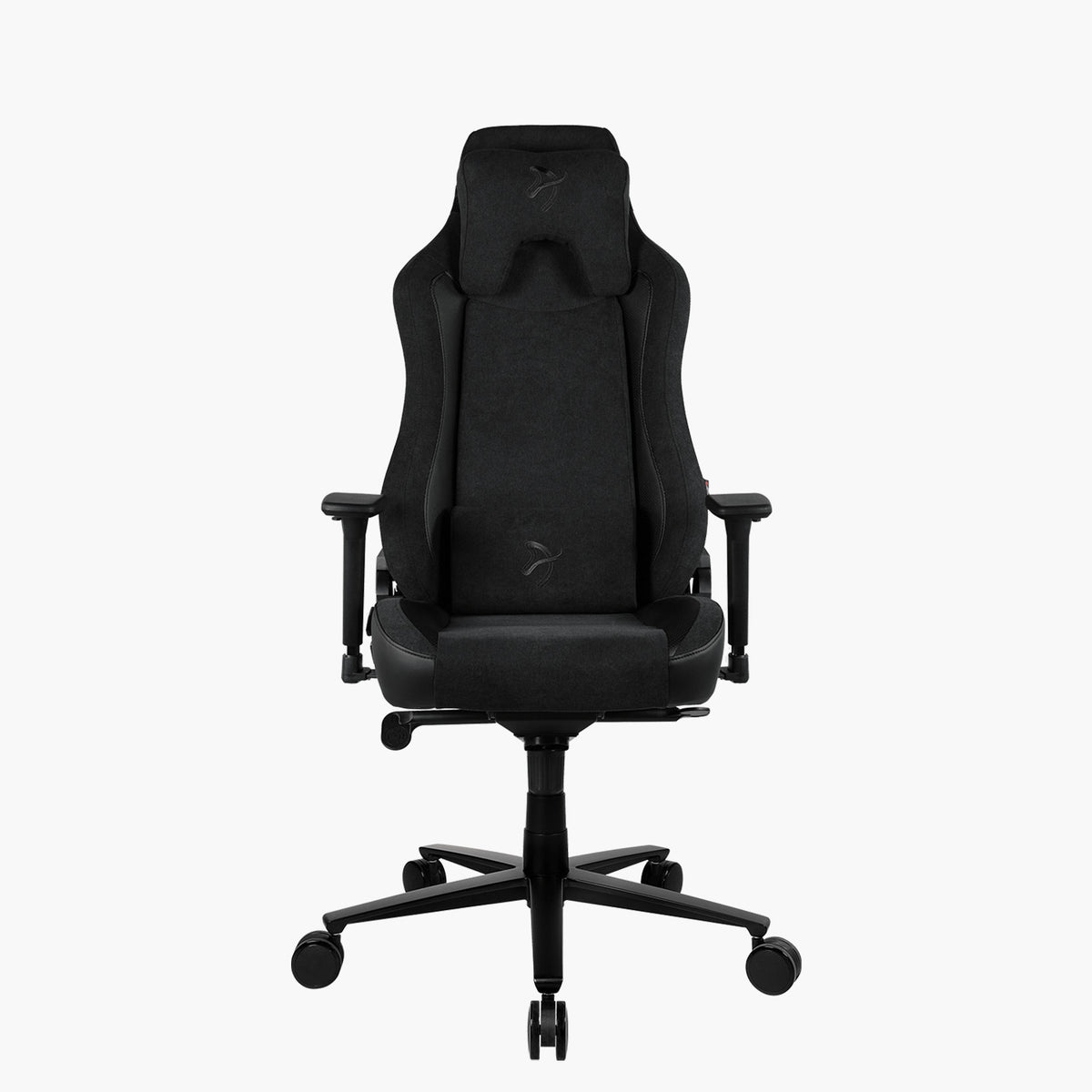 Arozzi Vernazza Vento black gaming chair, perforated PU leather, headrest & armrests, front view.