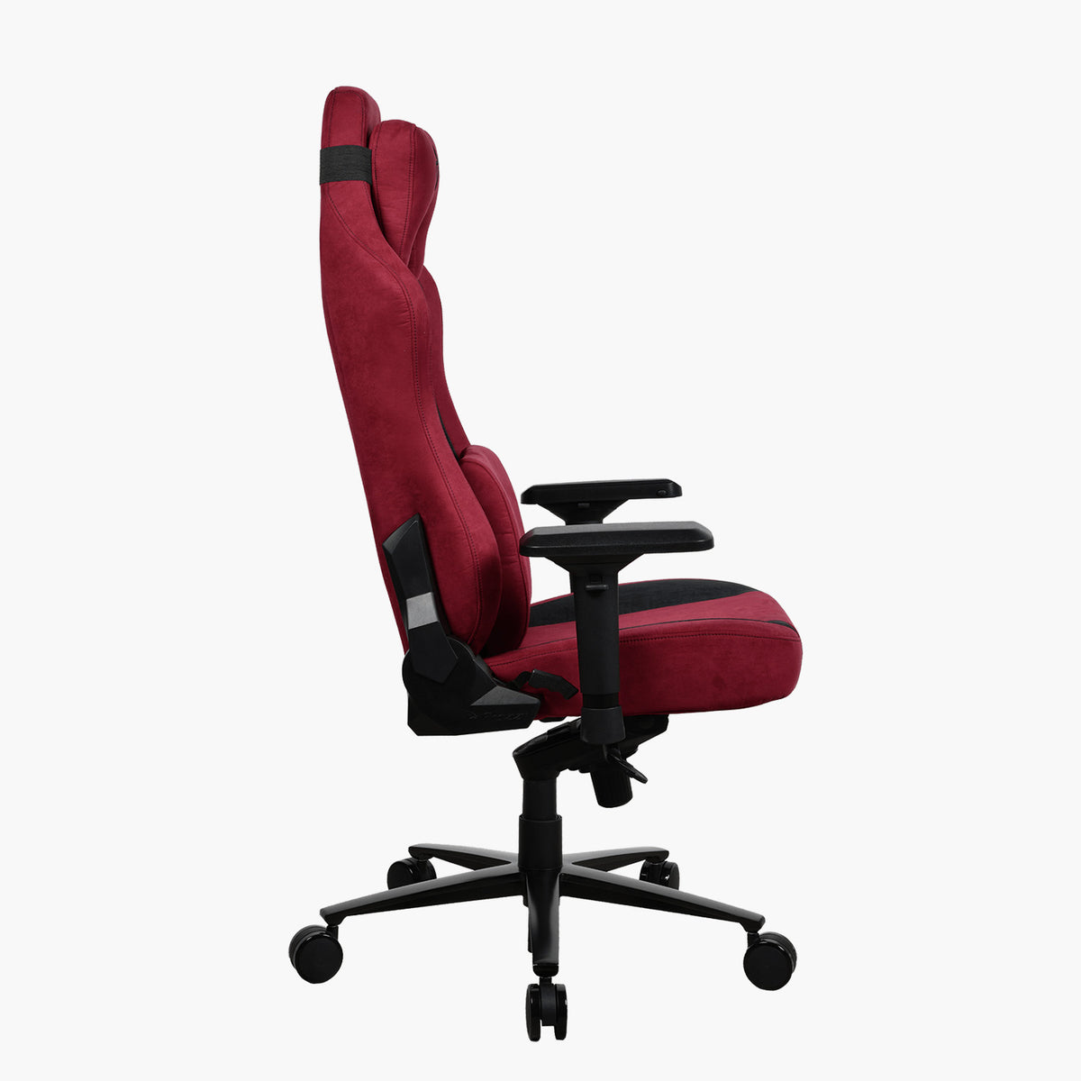 Side view of Arozzi Europe Vernazza Supersoft chair, red/black, with armrests and wheels.