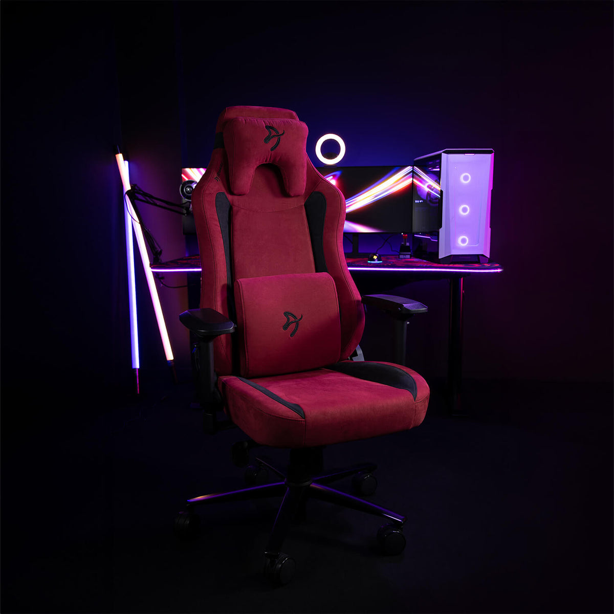 Arozzi Europe Vernazza Supersoft chair with memory foam pillows, shown at a desk with LED lights.