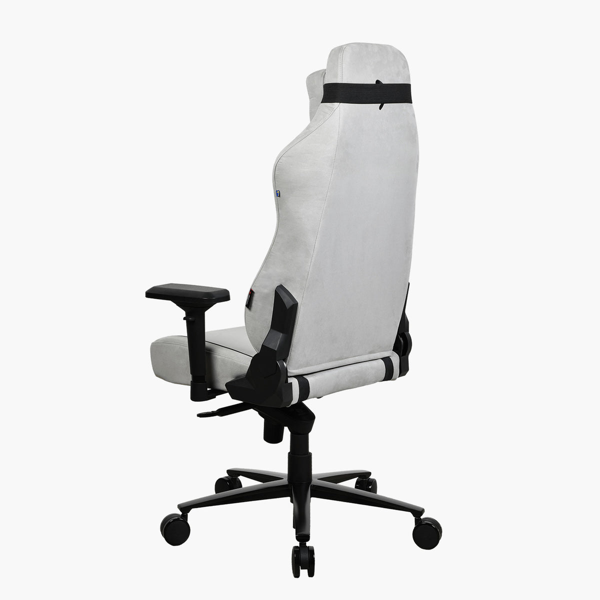 Arozzi Vernazza Supersoft chair, breathable fabric, black armrests/base, rear view.