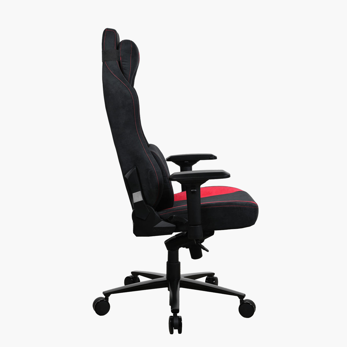 Arozzi Europe Vernazza Supersoft chair, black/red, side view, adjustable armrests, white bg.