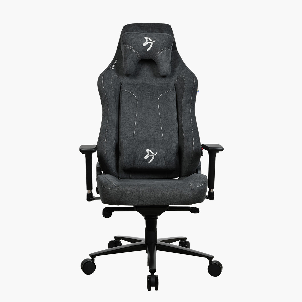 Arozzi Europe Vernazza XL Soft Fabric gaming chair, gray, headrest & lumbar support, front view.