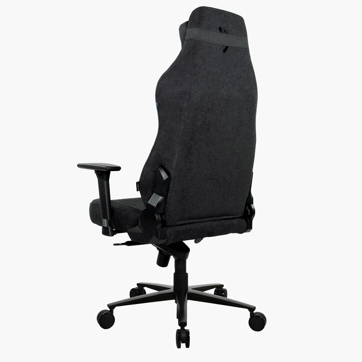 Arozzi Europe Vernazza XL Soft Fabric gaming chair in black, with armrests & wheels, rear view.