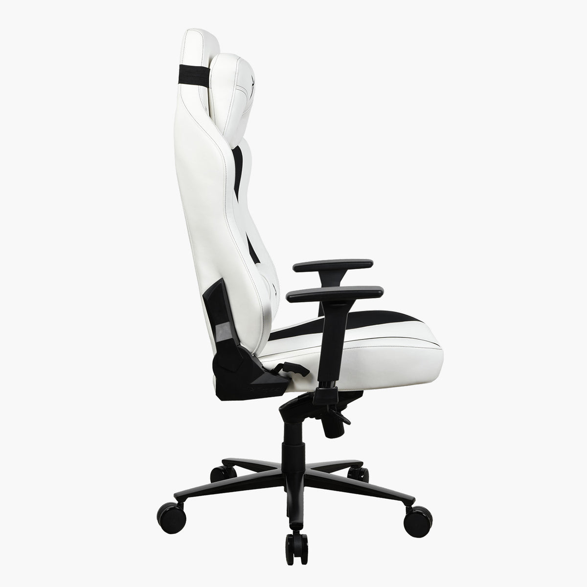 Arozzi Europe Vernazza XL SoftPU gaming chair, white/black, side view, with adjustable armrests.