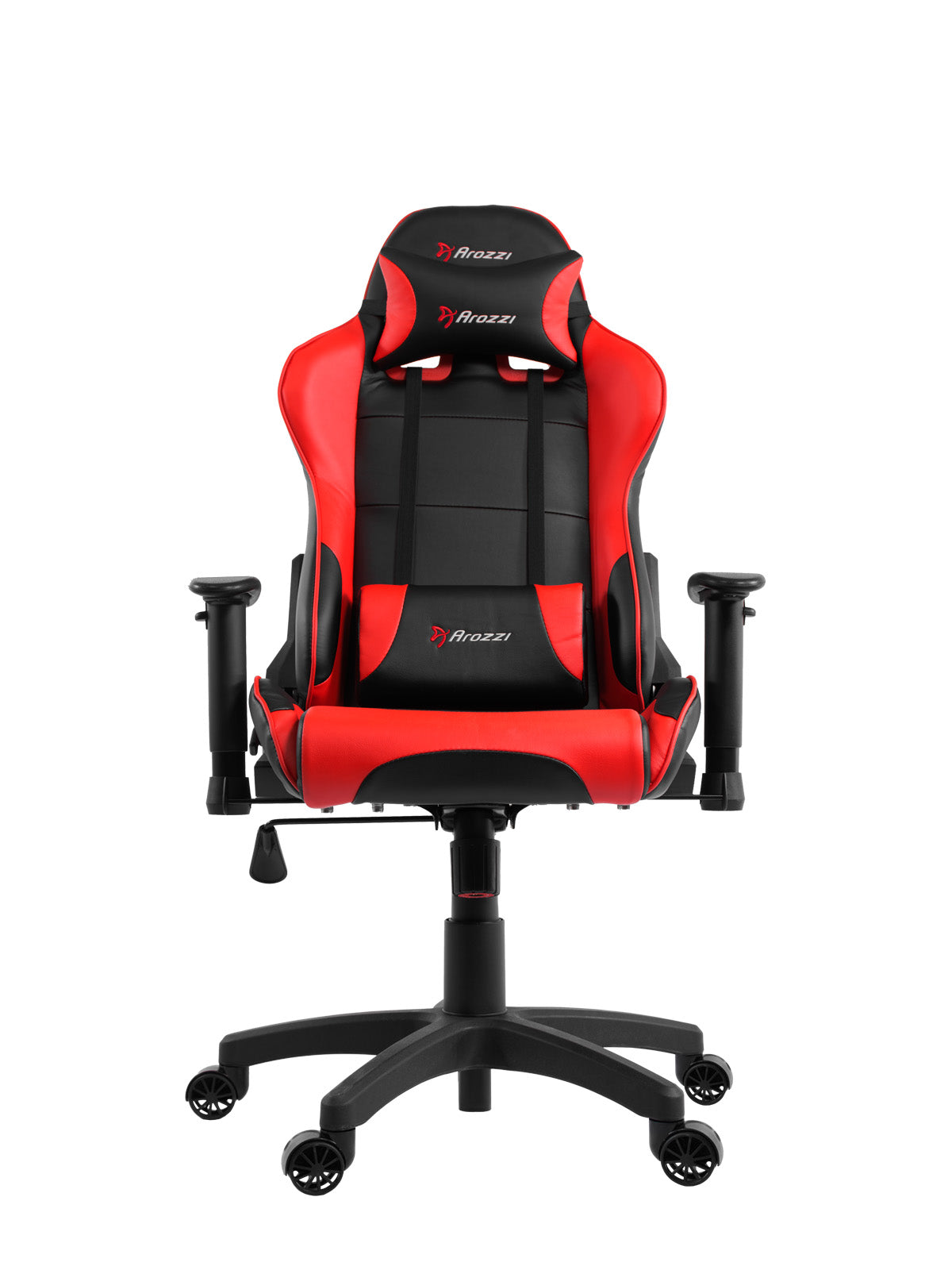 Red and black ergonomic gaming chair with adjustable armrests and headrest on wheels.