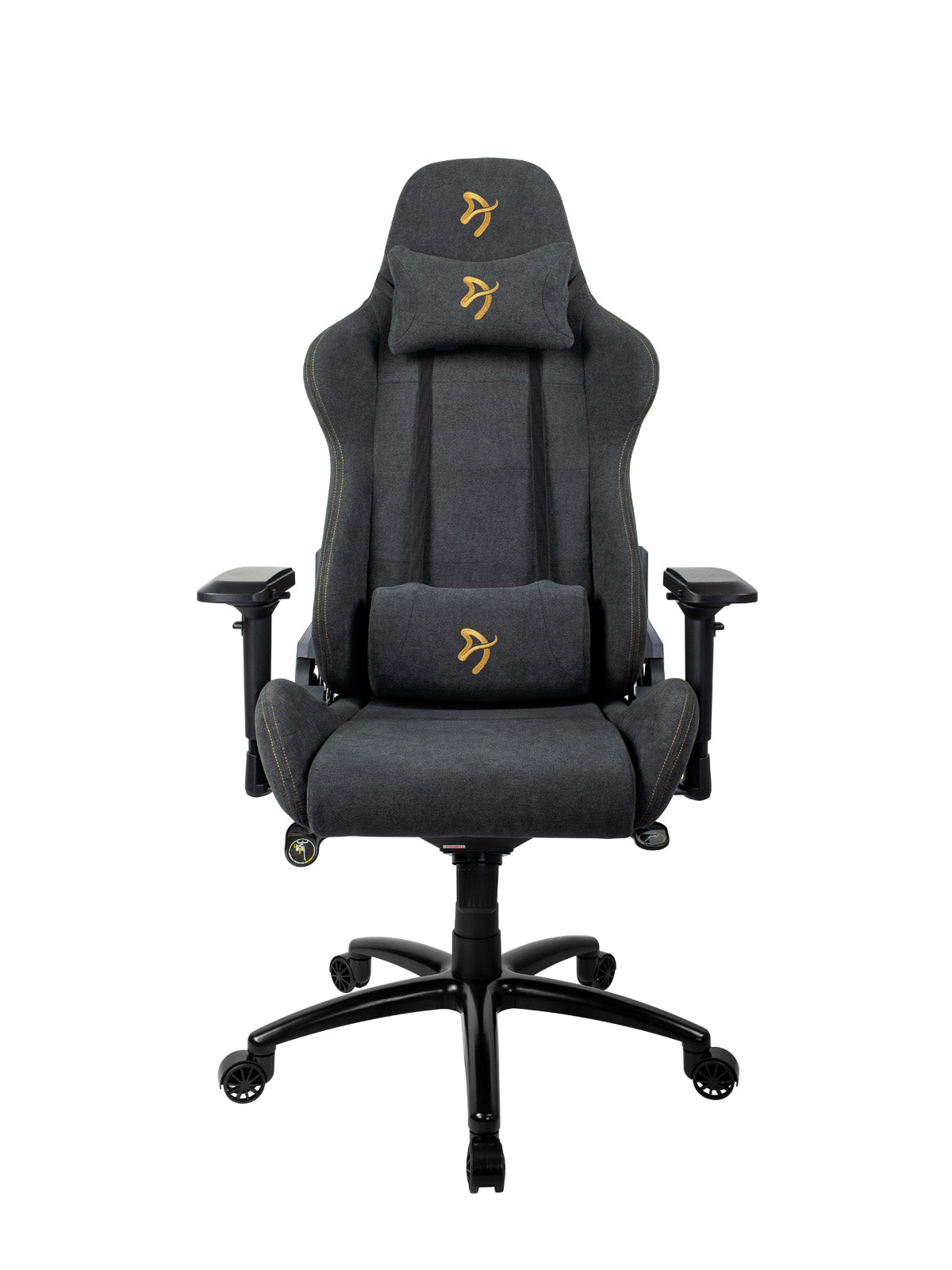 Black ergonomic gaming chair with gold accents and adjustable armrests on a wheeled base.