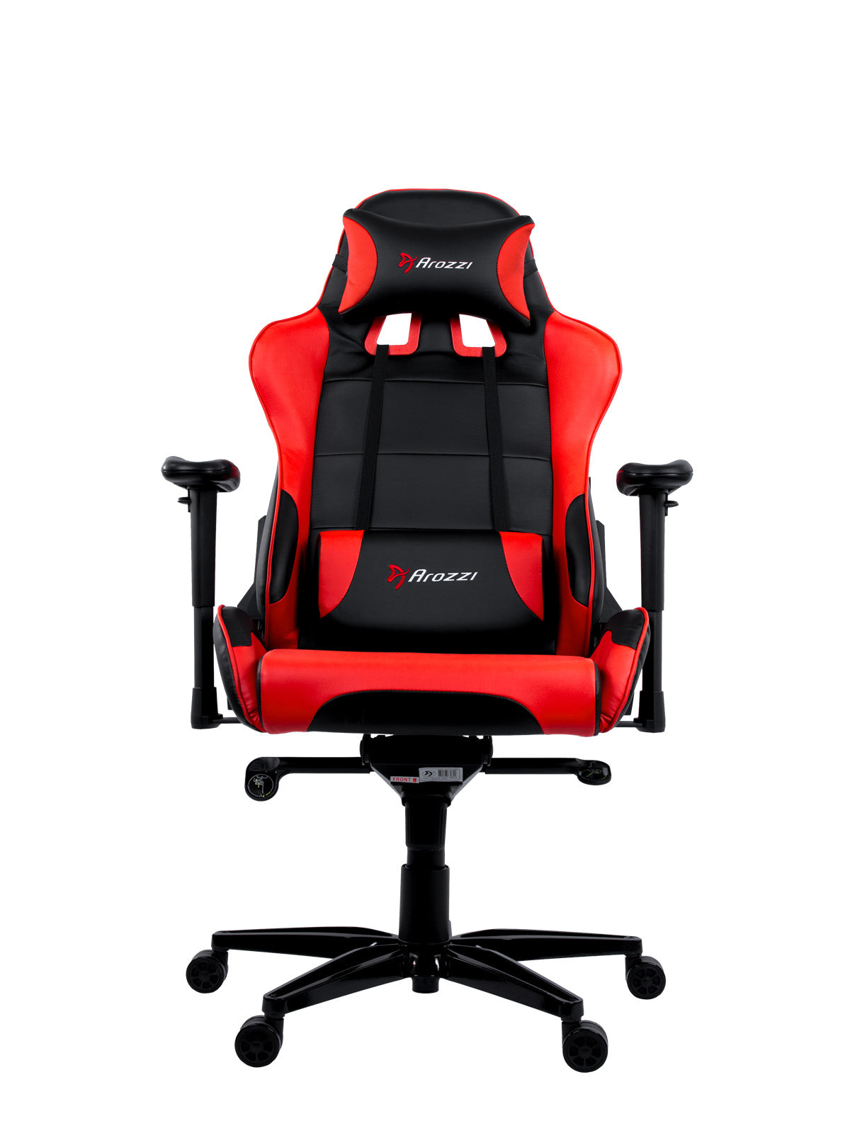 Red and black gaming chair with adjustable armrests and a high backrest, front view.