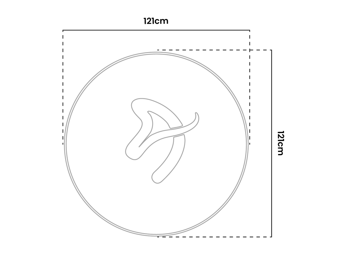 Circle with abstract design inside and labeled dimensions of 121cm by 121cm.