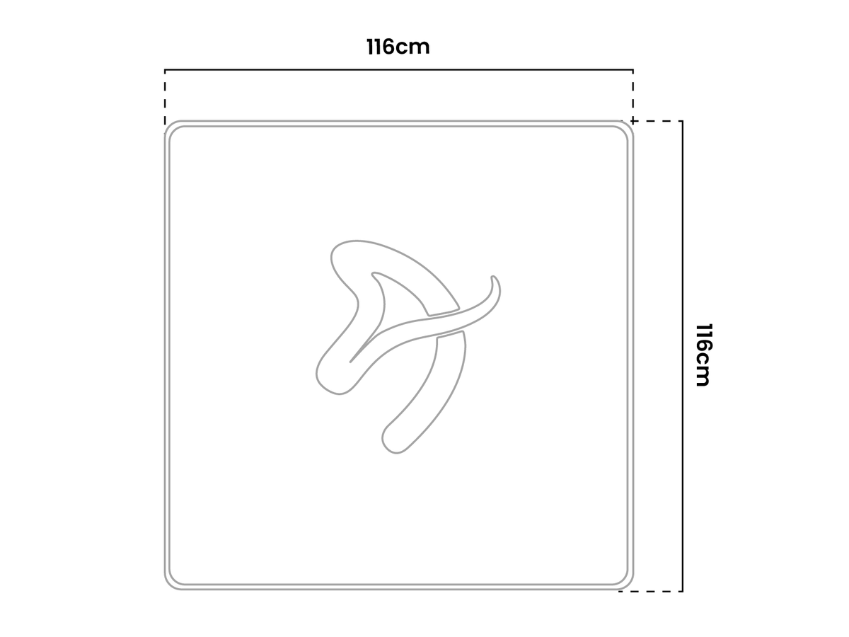 A square tile, 116cm per side, with a curved abstract design in the center.