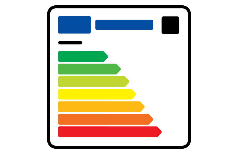 Energy efficiency label with colored bars from green to red, indicating different levels.