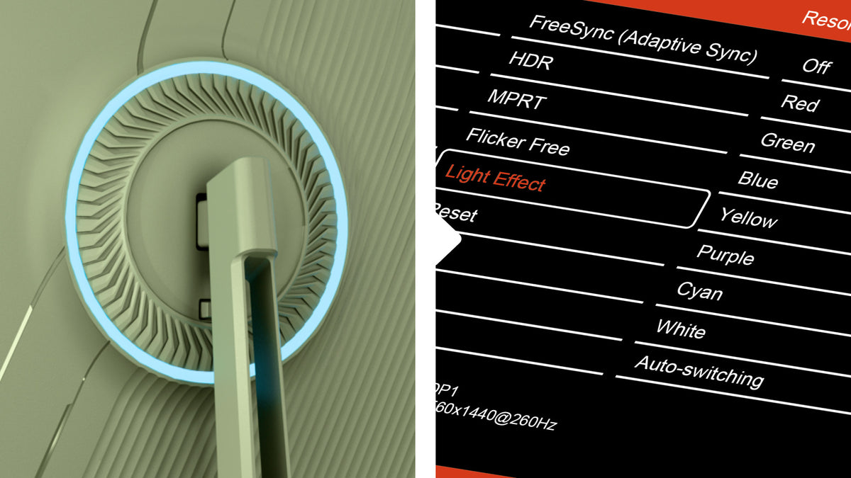 Monitor back with glowing blue ring; menu shows Light Effect color settings.