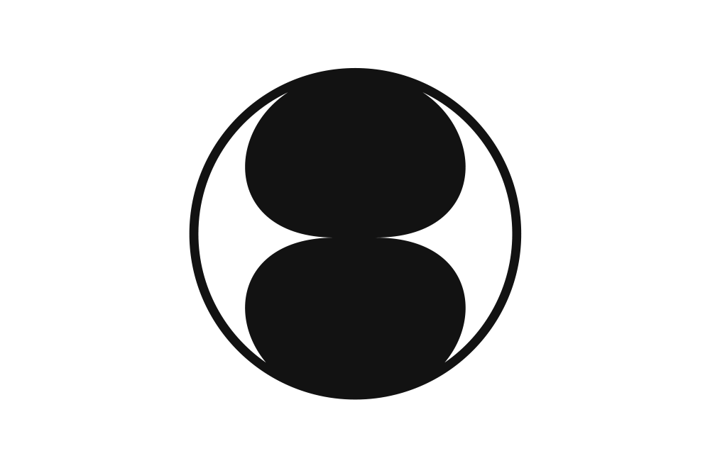 Two black semicircles facing each other inside a thin black oval on a white background.