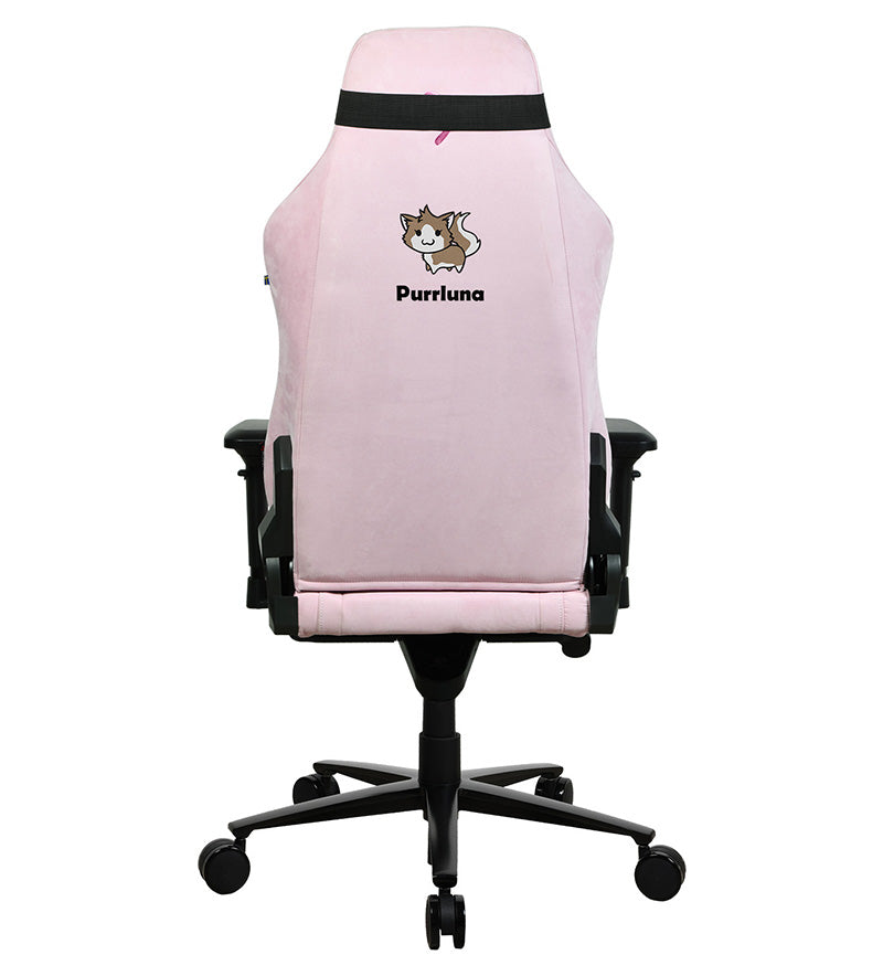 Pink gaming chair, cat logo and Purrluna text on back, black base, viewed from behind.