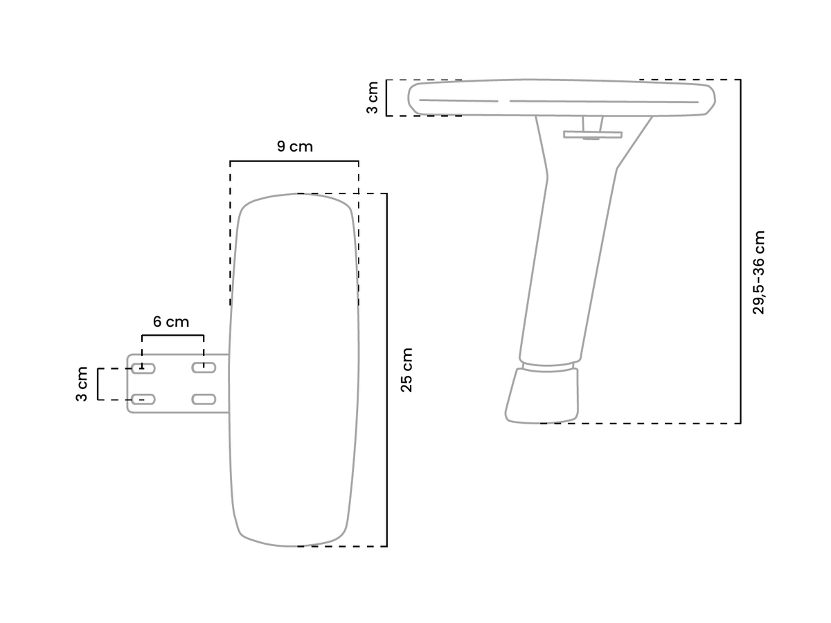 Line drawing of an adjustable armrest with labeled height, width, and depth measurements.