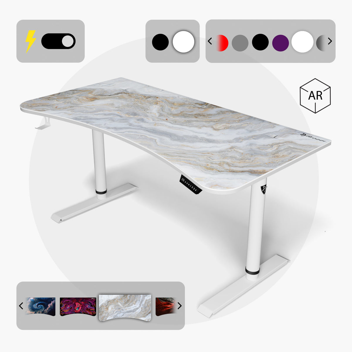 Smart desk with marble top, adjustable height, power button, AR feature, and color/custom designs.