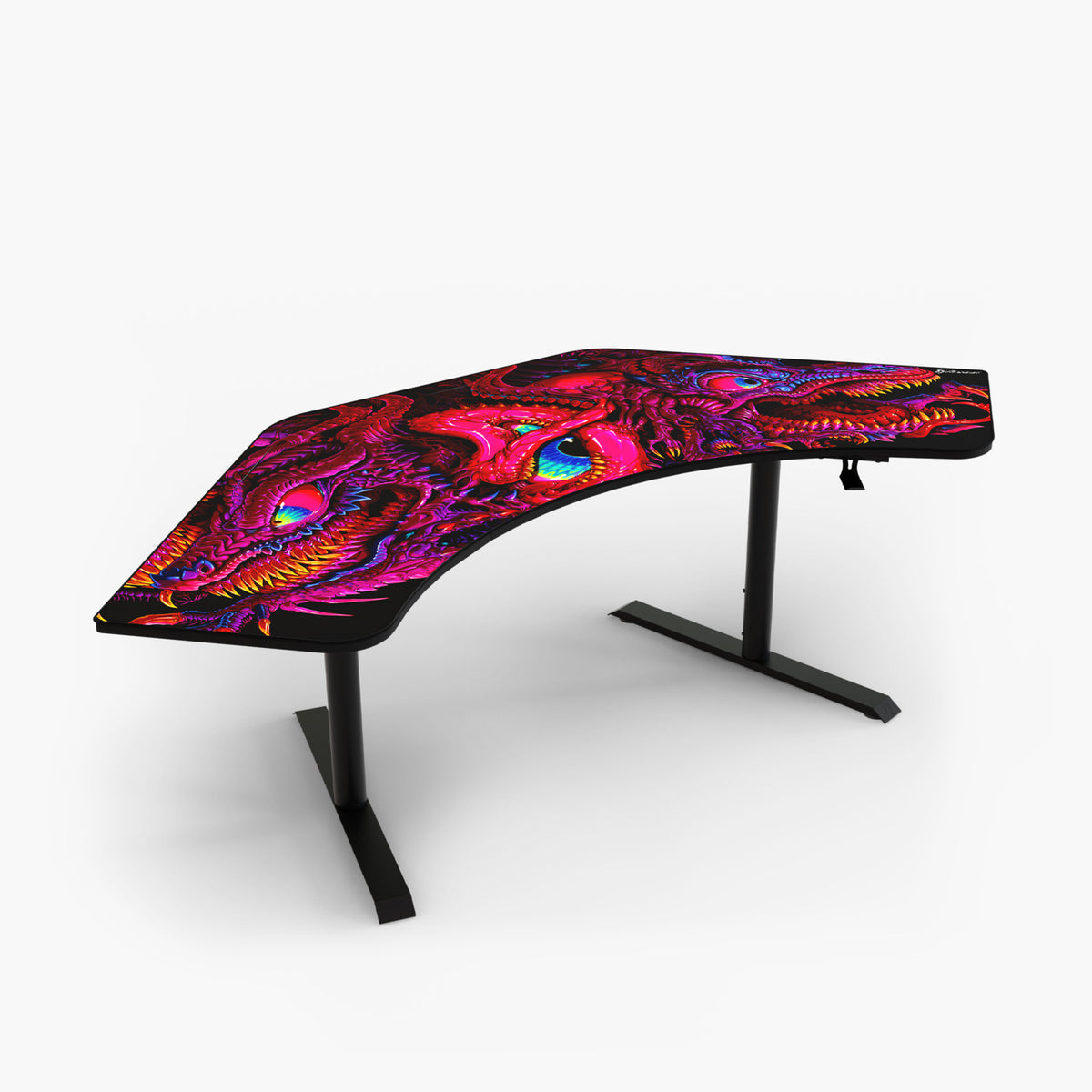 Arozzi Europe Arena Angelo: black ergonomic gaming desk with vivid dragon artwork.
