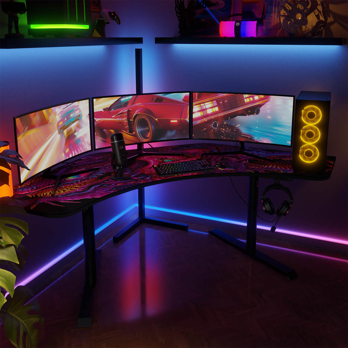 Arozzi Europe Arena Angelo curved desk for four monitors, LED lights, and gaming essentials.