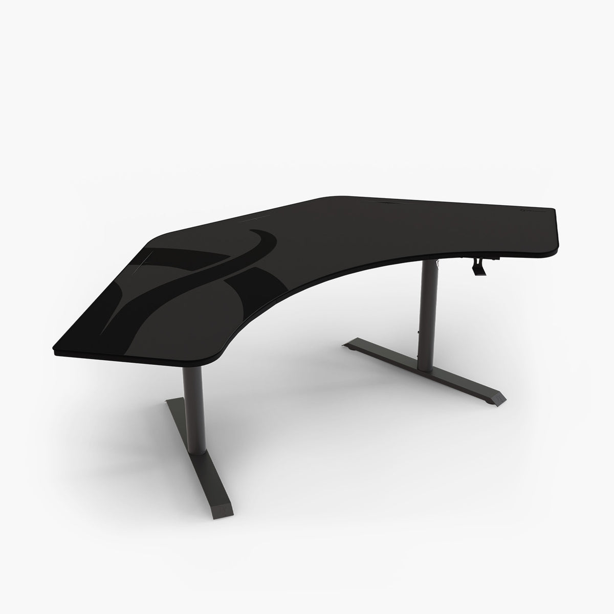 Arena Angelo by Arozzi Europe: black L-shaped desk, ergonomic, curved edges, gray metal frame.