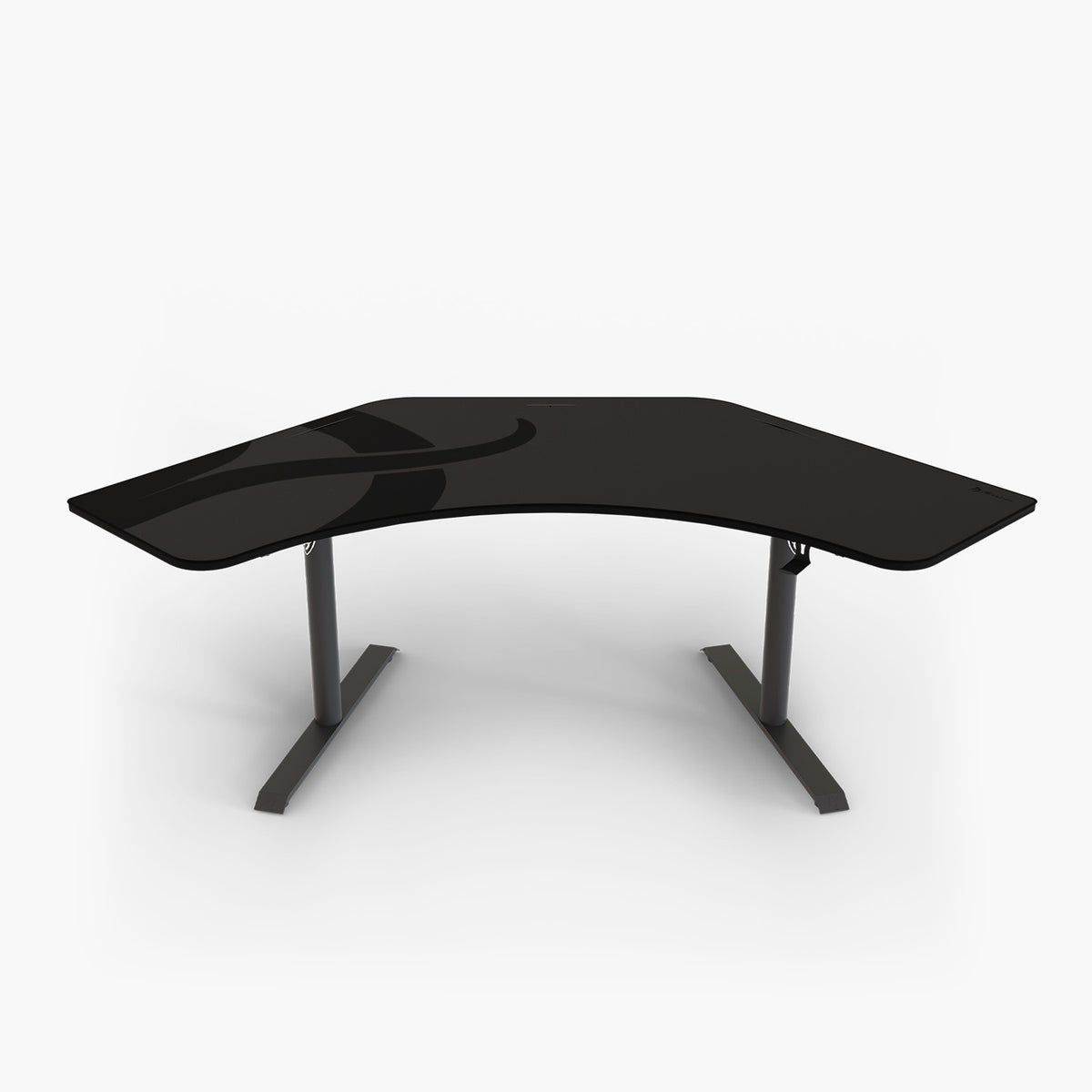 Arozzi Europe Arena Angelo: black ergonomic L-shaped desk with metal legs on white background.