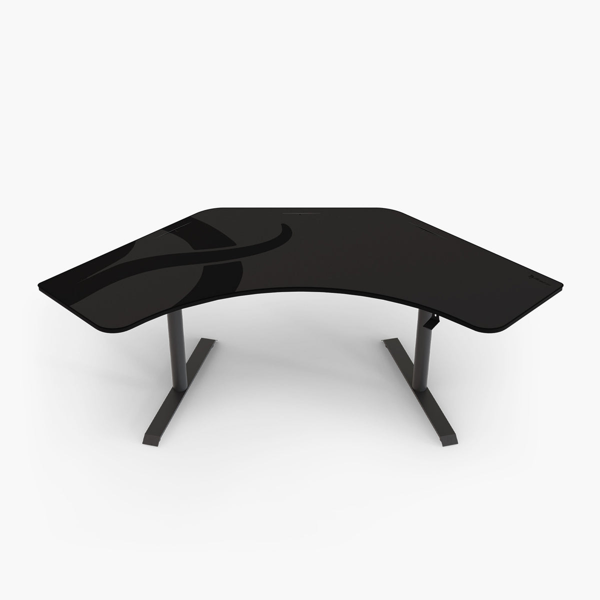 Arena Angelo by Arozzi Europe, black ergonomic L-shaped desk with metal legs, top view shown.
