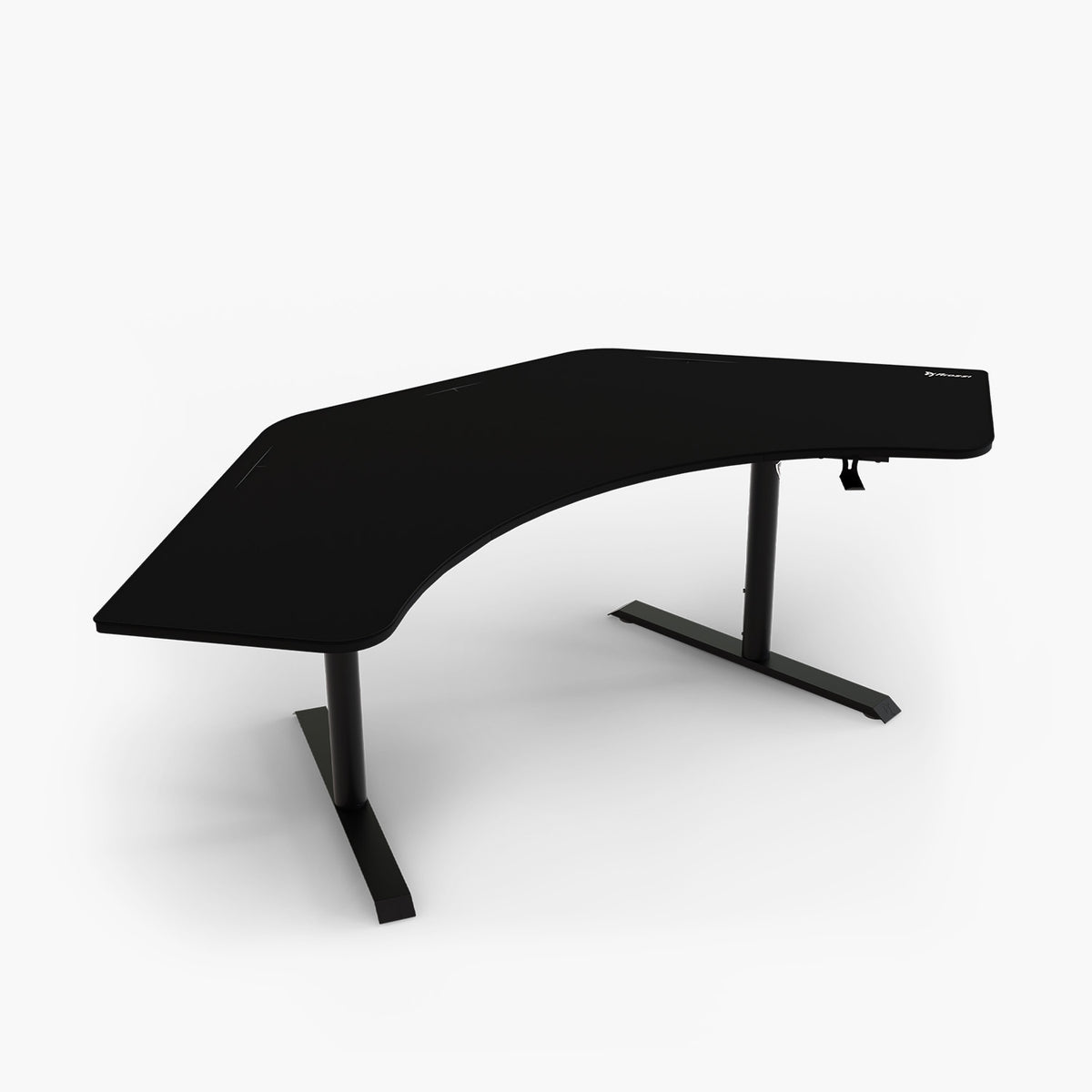 Arozzi Europe Arena Angelo black L-shaped desk, ergonomic, metal legs, on white background.