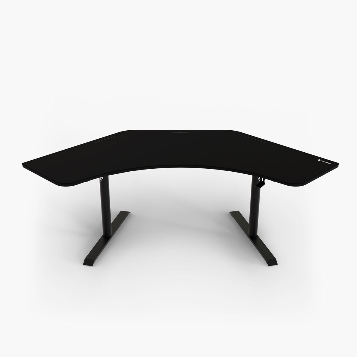 Arena Angelo by Arozzi Europe: black L-shaped gaming desk with metal legs and ergonomic design.
