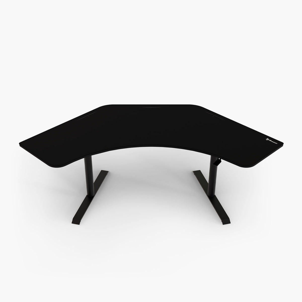 Arena Angelo by Arozzi Europe: black L-shaped ergonomic corner desk with metal legs, top view.