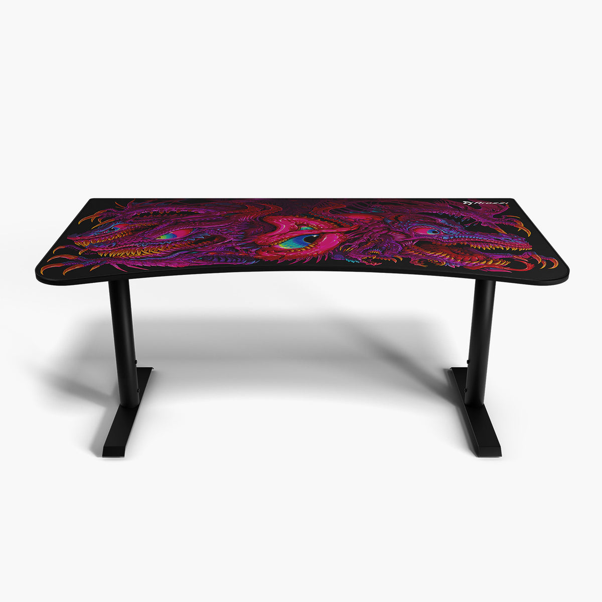 Arozzi Arena Gaming Desk - Large, black with dragon design and smart cable management, front view.