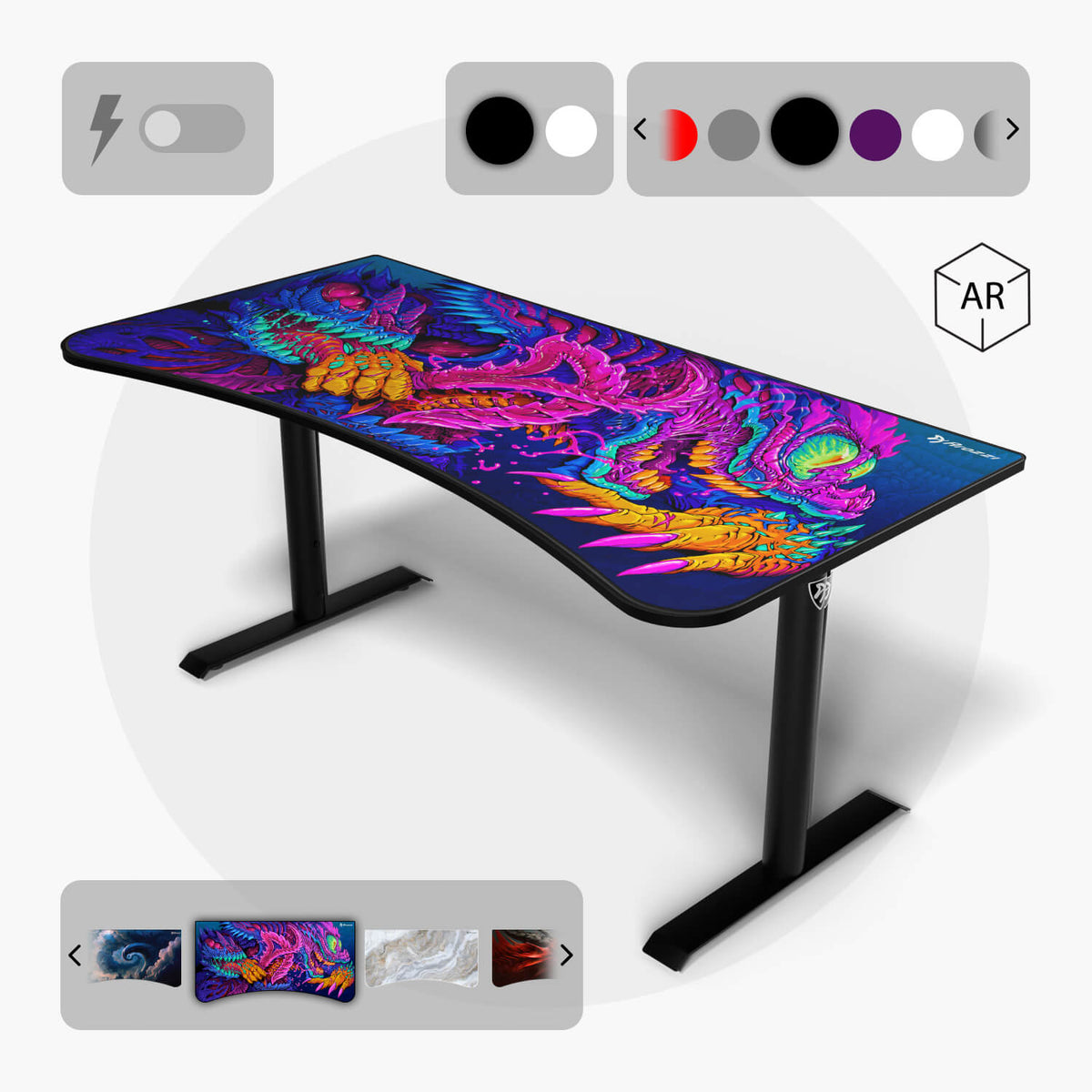 Arena Desk by Arozzi Europe: custom designs, black legs, color options, and toggle buttons shown.