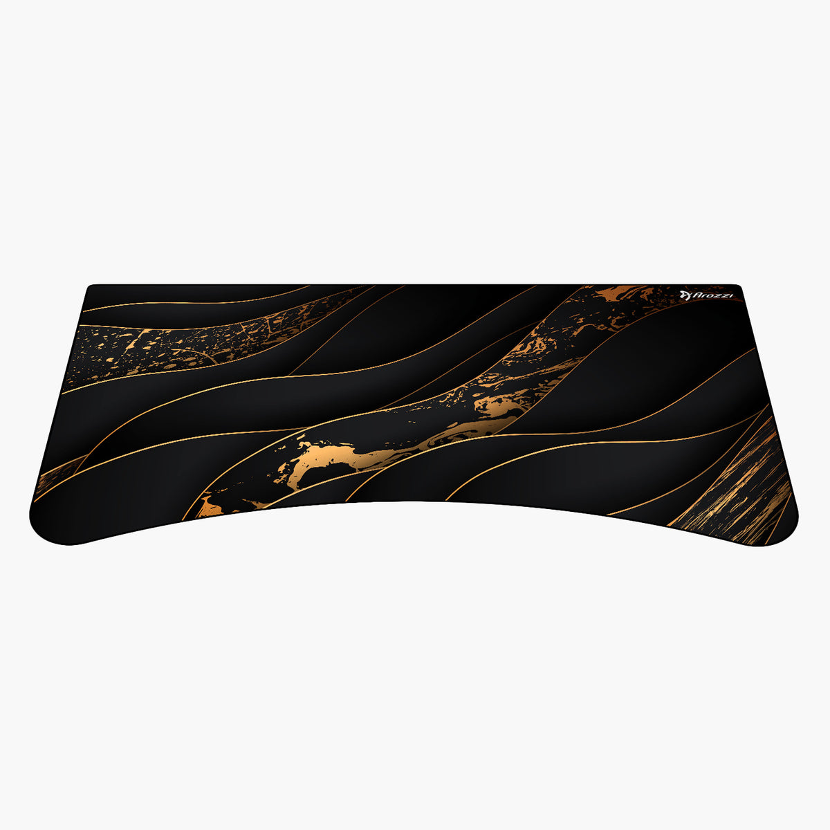 Arozzi Europe Arena Mousepad, water-resistant, black & gold abstract waves on white background.