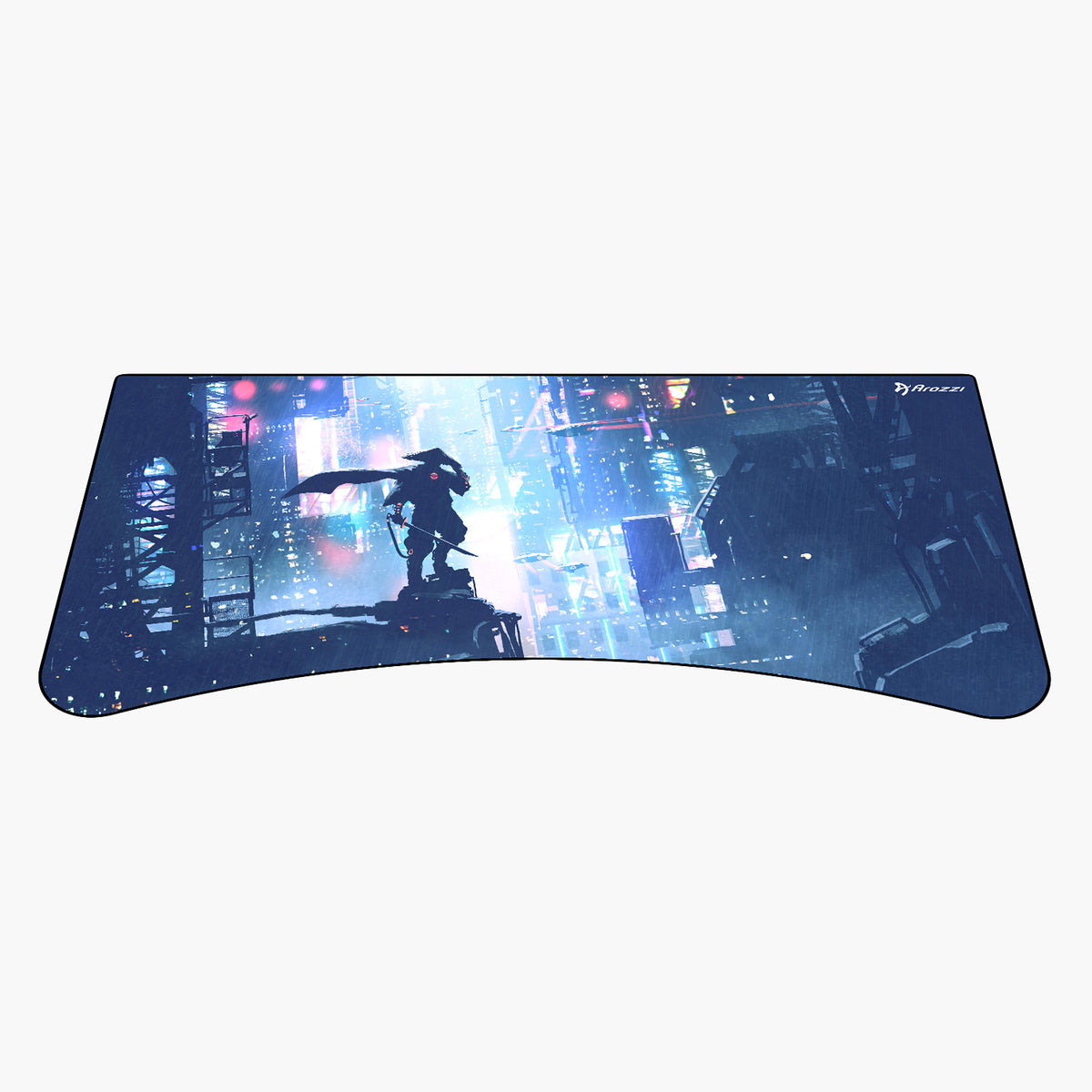 Silhouette with flag on neon city—featured on Arena Mousepad by Arozzi Europe.