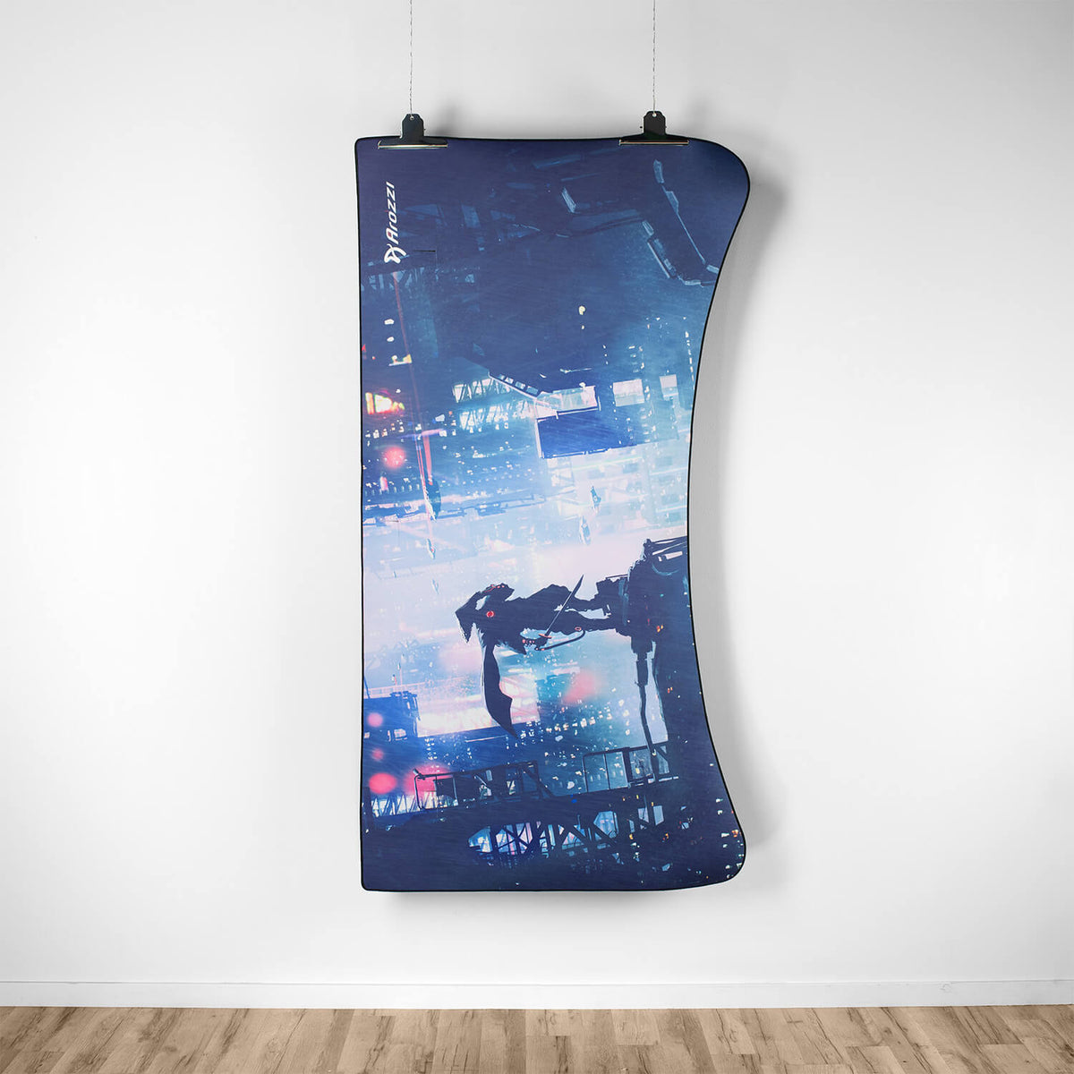 Arena Mousepad by Arozzi Europe under curved robot art print, hands touch on white wall.