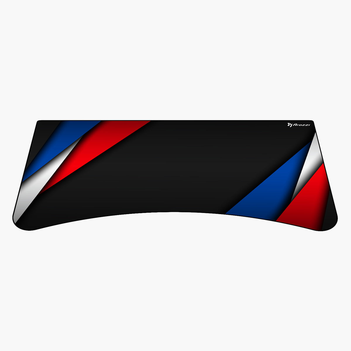 Curved black Arozzi Europe Arena Mousepad, red/blue/white stripes, water-resistant surface.