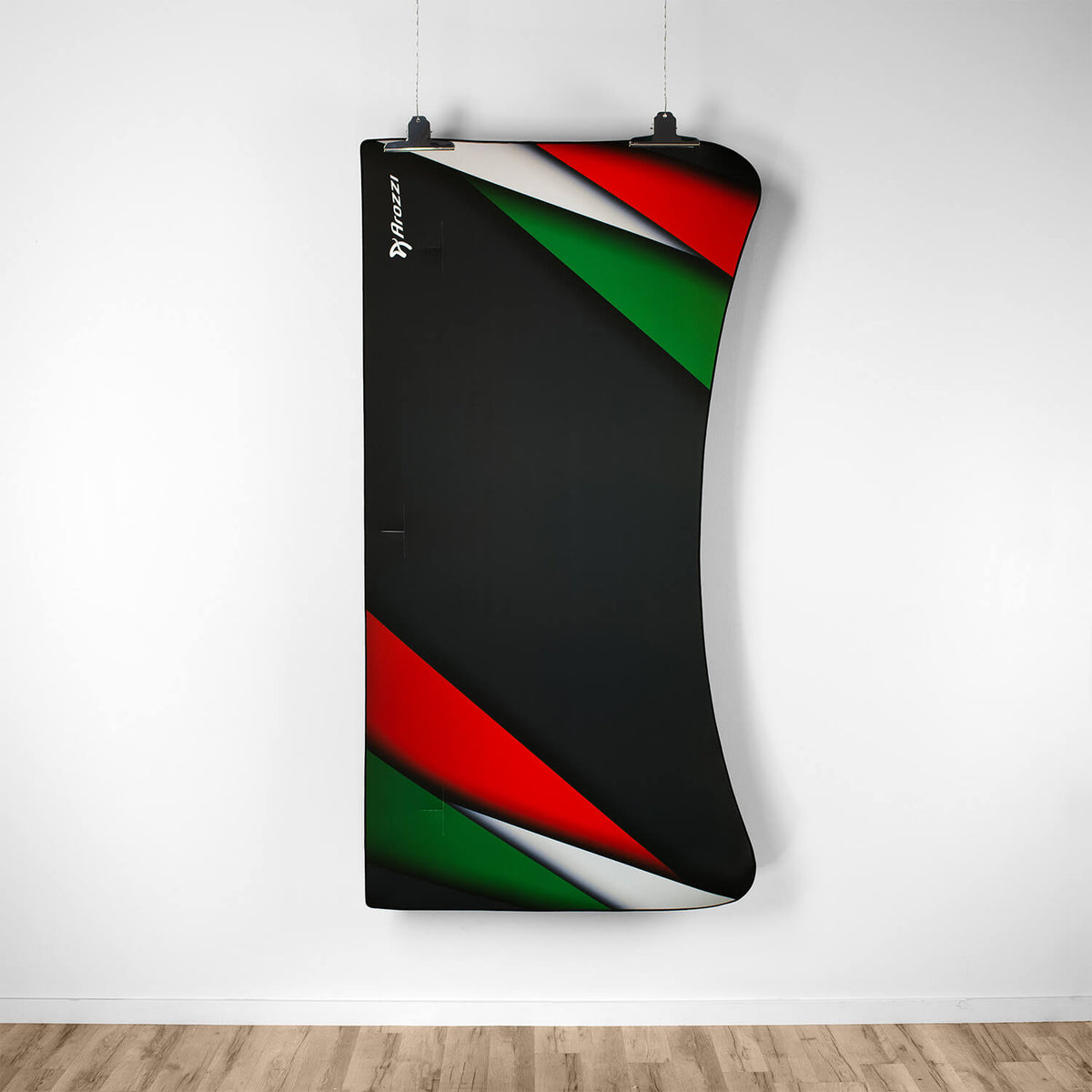 Curved black wall art with red, green, white stripes inspired by Arozzi Europe Arena Mousepad.