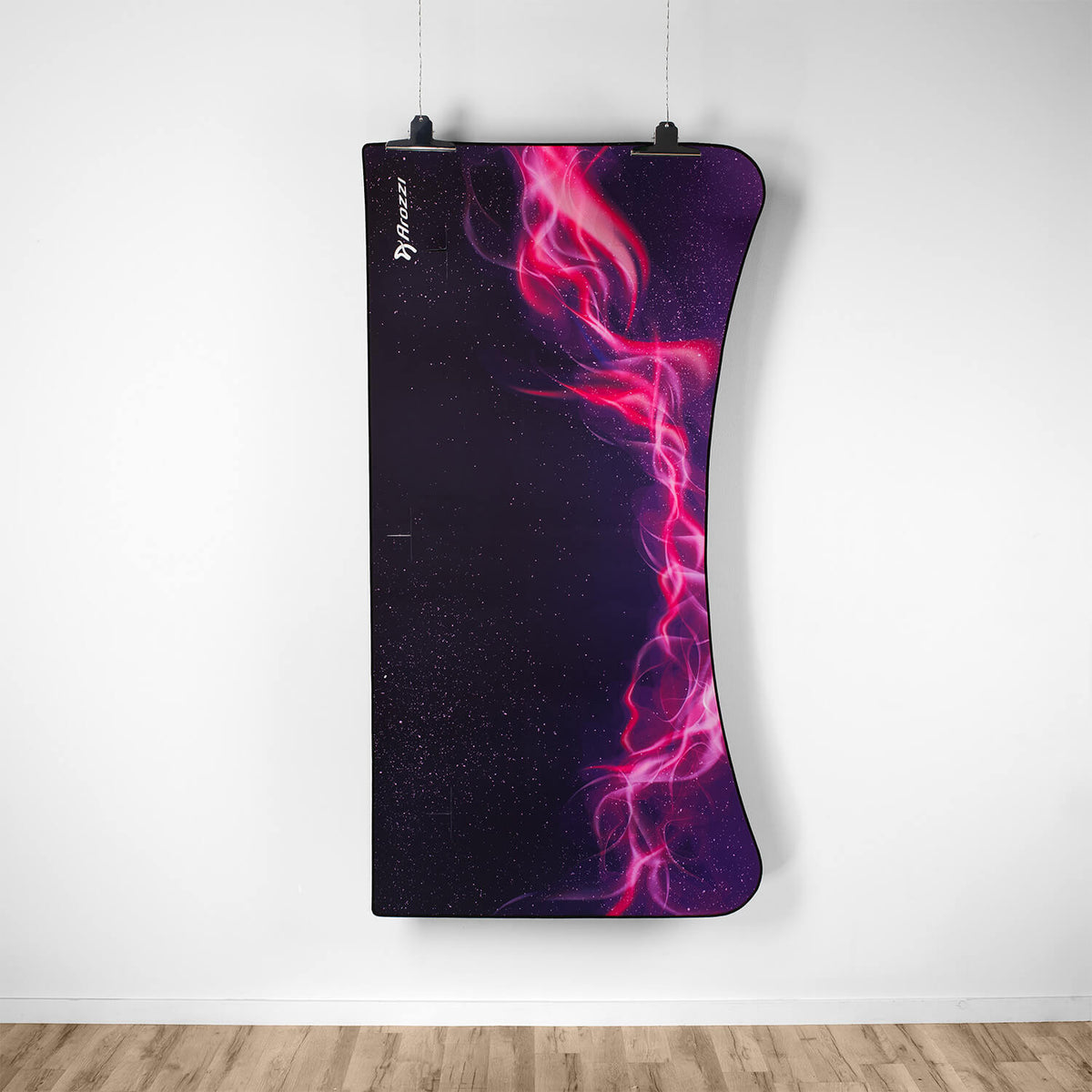 Arozzi Europe Arena Mousepad features a curved panel with pink, purple, and black abstract design.