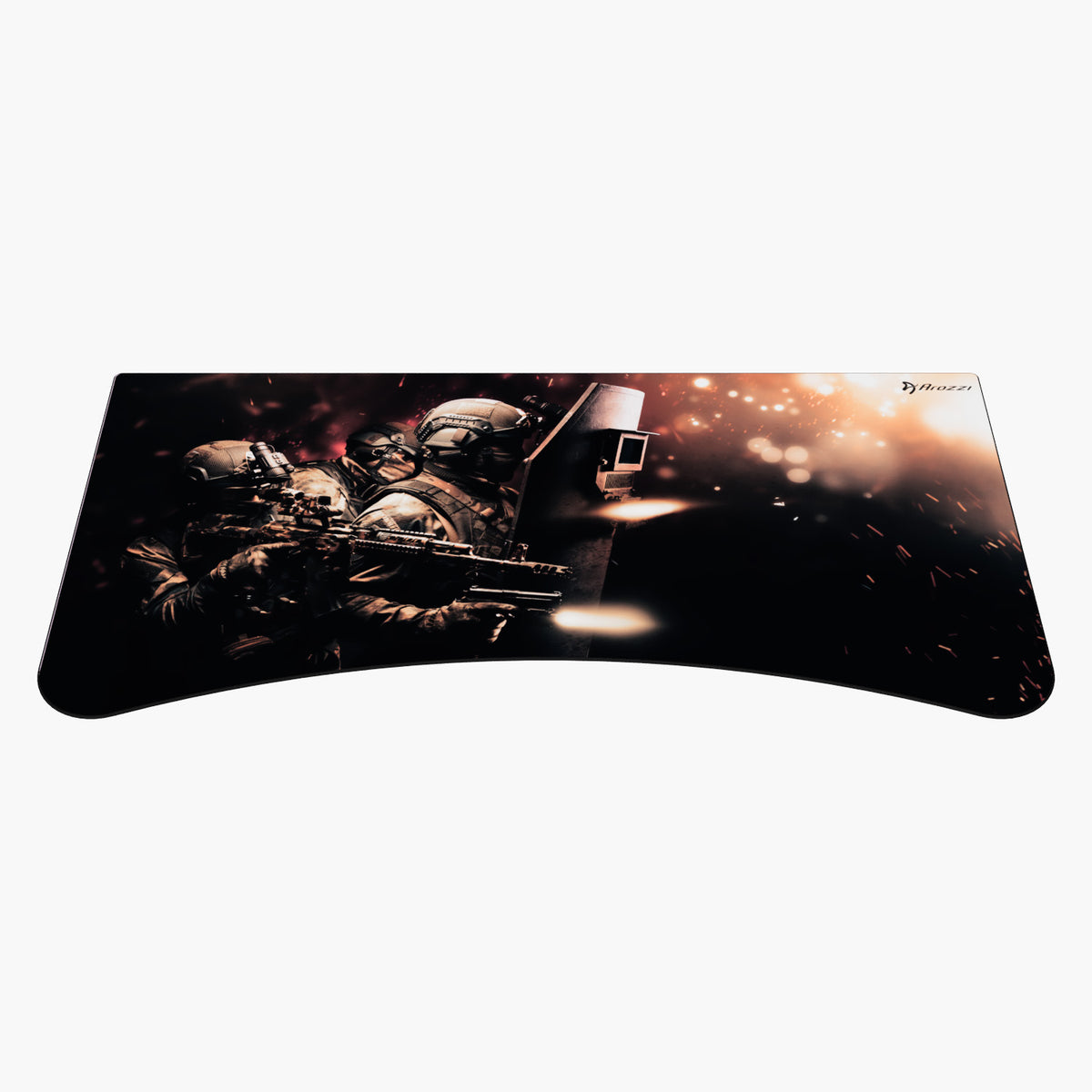 Three armored soldiers, guns & shield, dark background—ideal for Arozzi Europe Arena Mousepad.