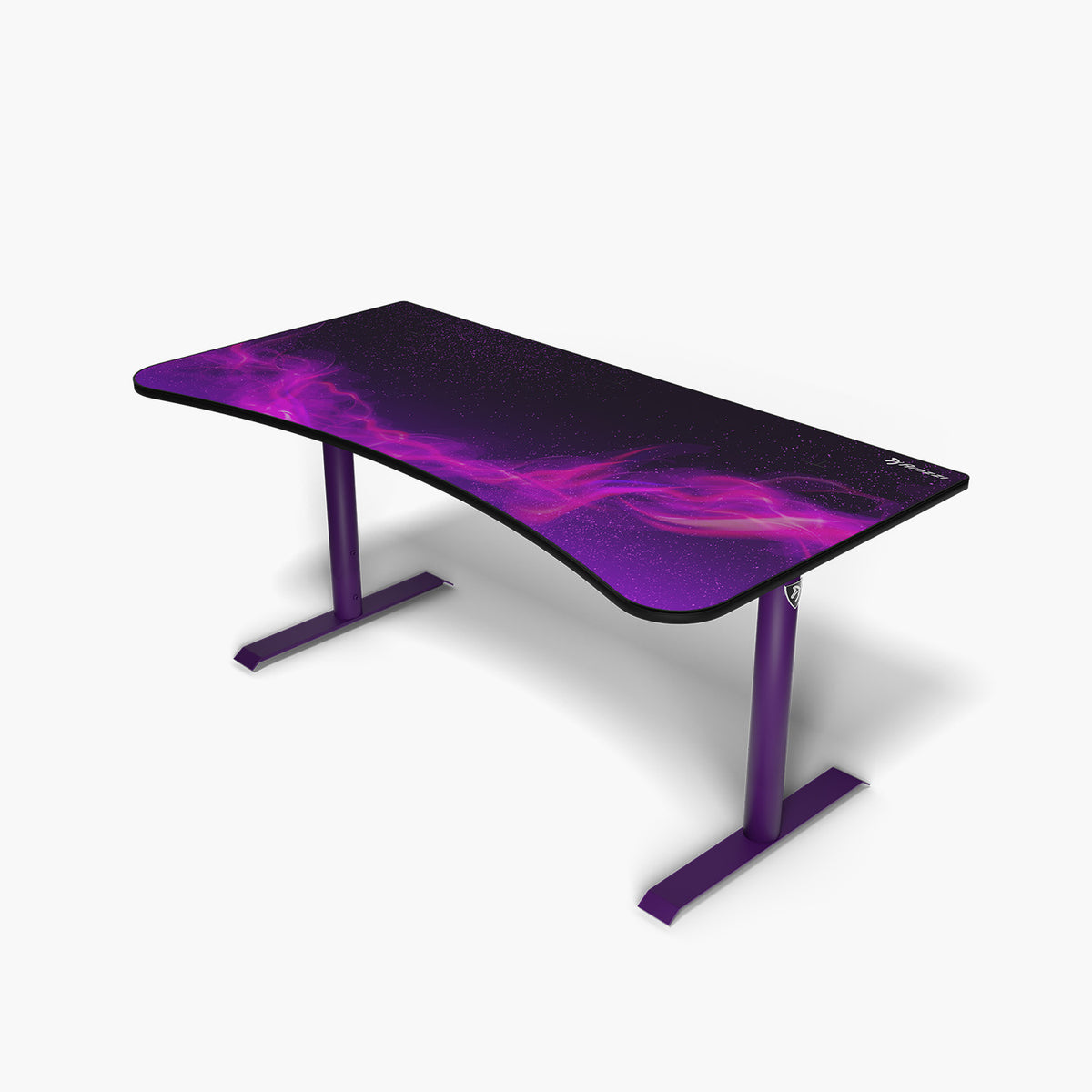 Arozzi Europe Arena Gaming Desk - Large, purple cosmic wavy edge & cable management, on white.