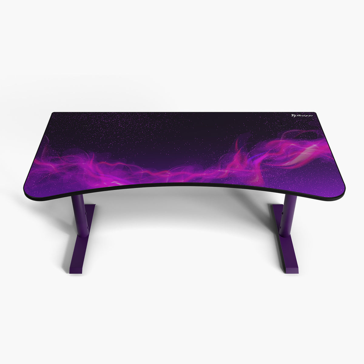 Arozzi Arena Gaming Desk - Large: black top, purple legs, pink-purple wave design.