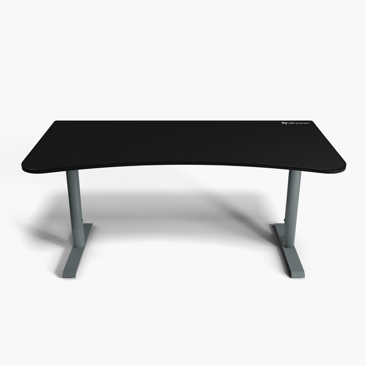 Arozzi Arena Gaming Desk - Large, black with gray metal legs & cable management, white background.