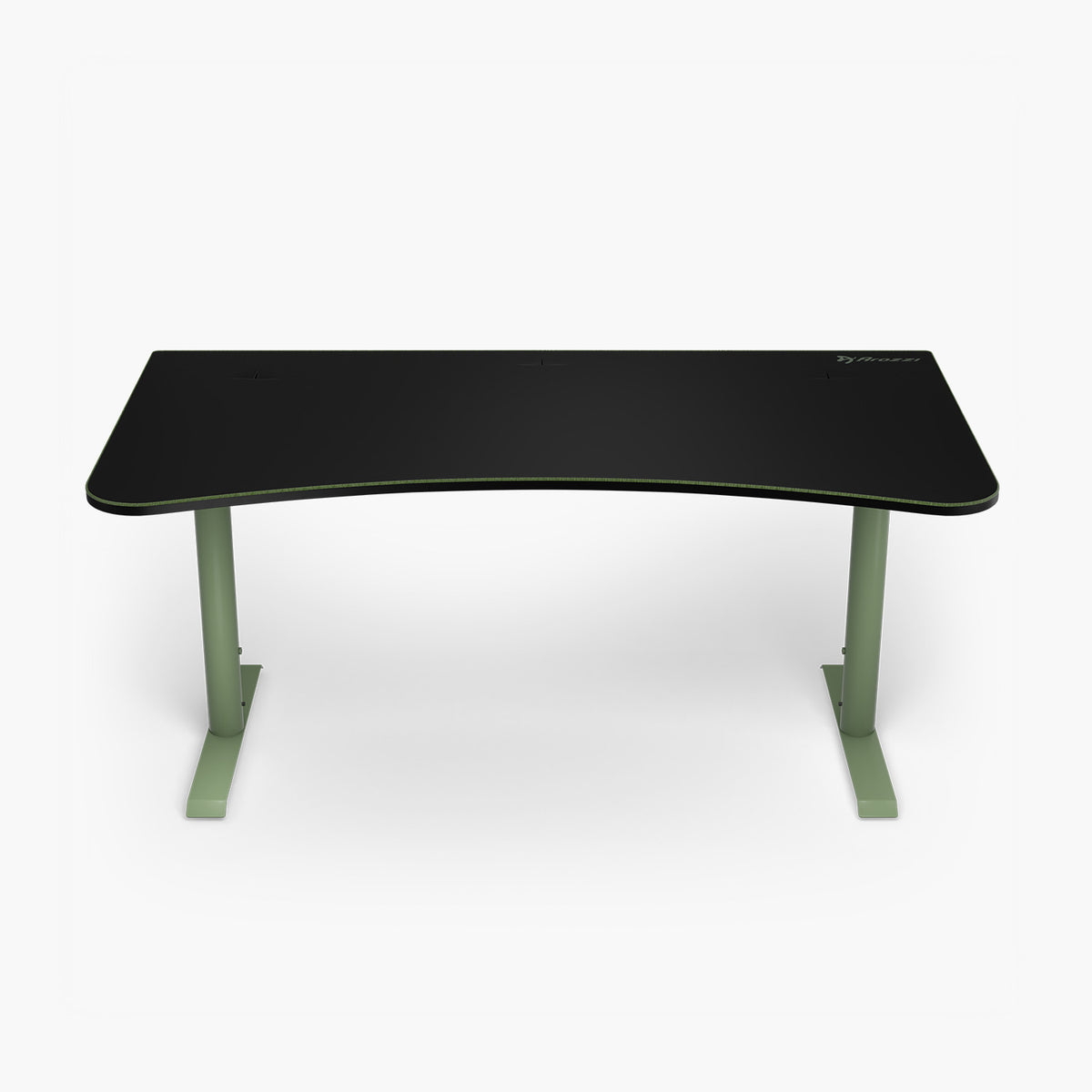 Arozzi Europe Arena Gaming Desk - Large, black top with green legs, front view on white background.