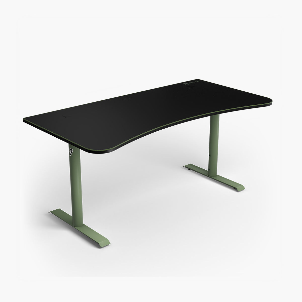 Arozzi Arena Gaming Desk - Large: black top, green legs, inward curve, cable slot.