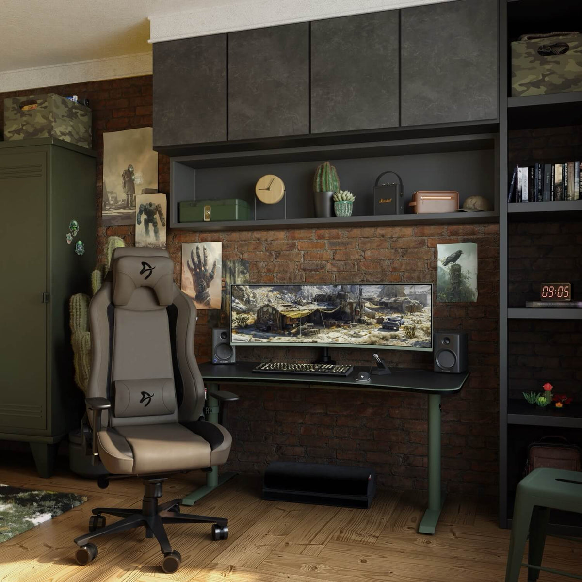 Arozzi Arena Gaming Desk setup with wide monitor, mouse pad, speakers, and chair in brick room.
