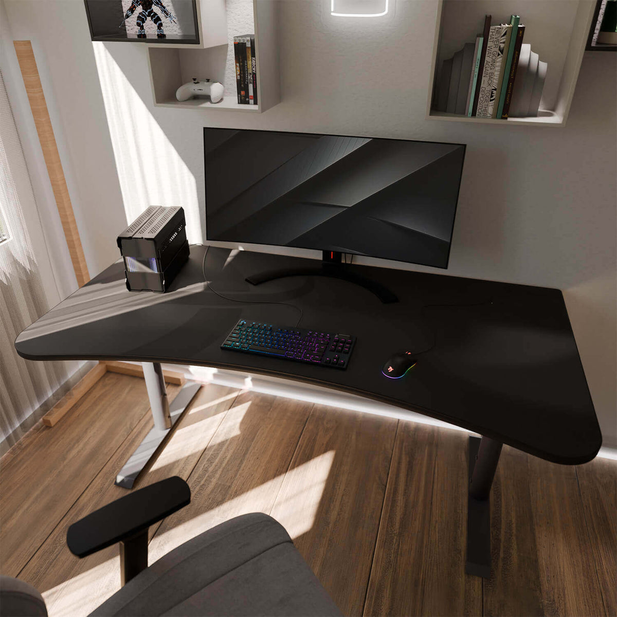 Arozzi Arena Gaming Desk - Large with curved monitor, mouse pad, mini PC, and shelves above.