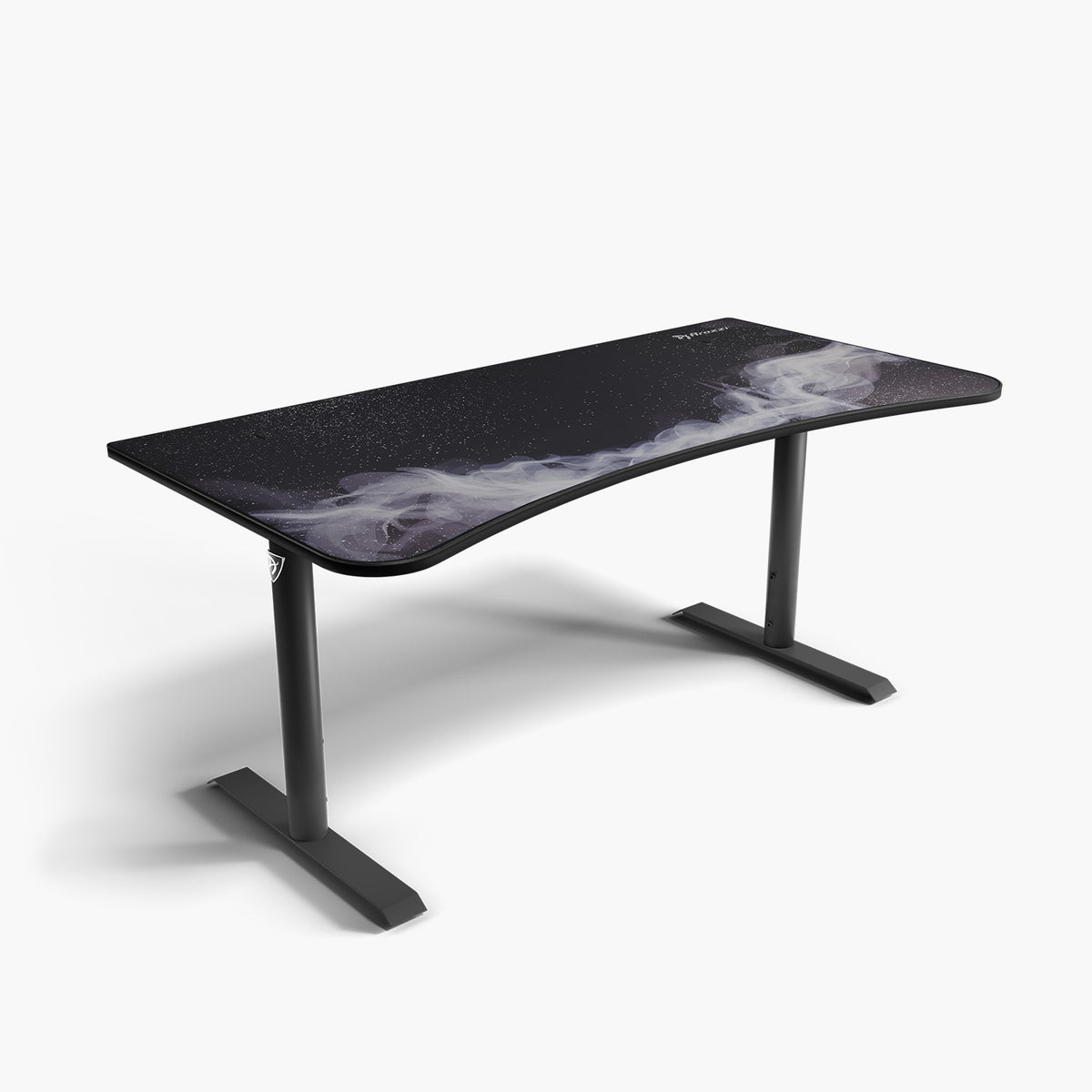 Arozzi Arena Gaming Desk - Large: black, curved, white pattern, metal legs, cable management.