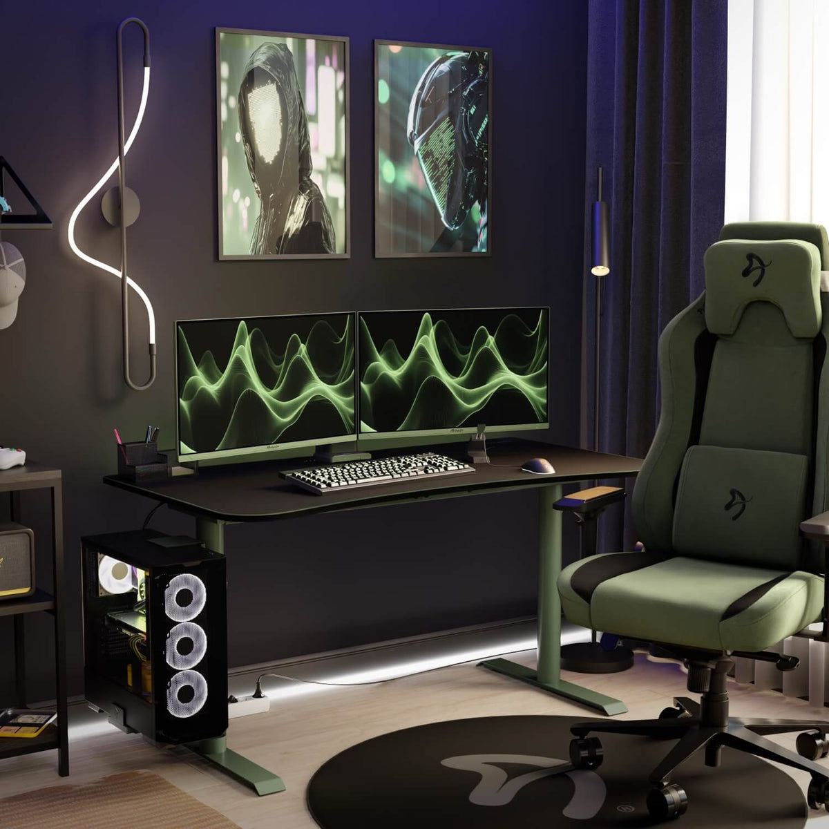 Arozzi Arena desk, dual monitors, green chair & LEDs—modern gaming setup in compact space.